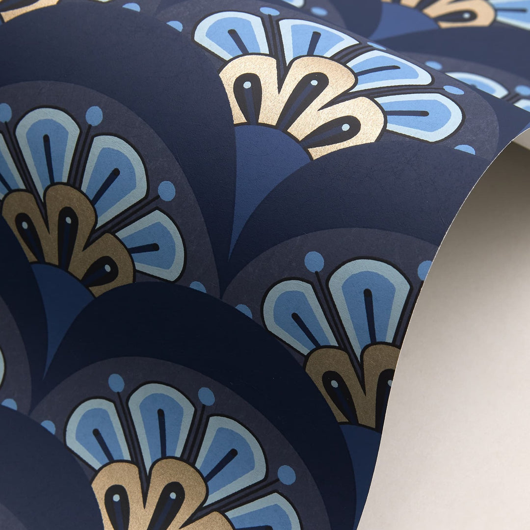 Liberty-fabrics-wallpaper-deco-scallop- 07241001C-blue-retro-navy-deco-fan-printed-navy-gold-archive-collection