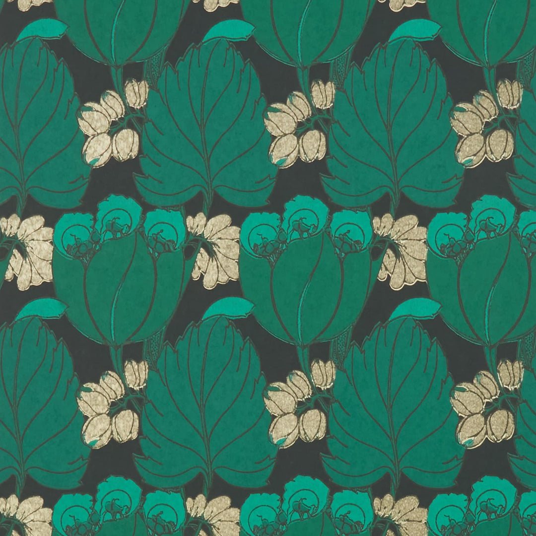 Liberty-fabrics-regency-tulip-wallpaper-07231002I-jade-green-art-dec-floral-printed-green-gold-teal-period-paper-tonal