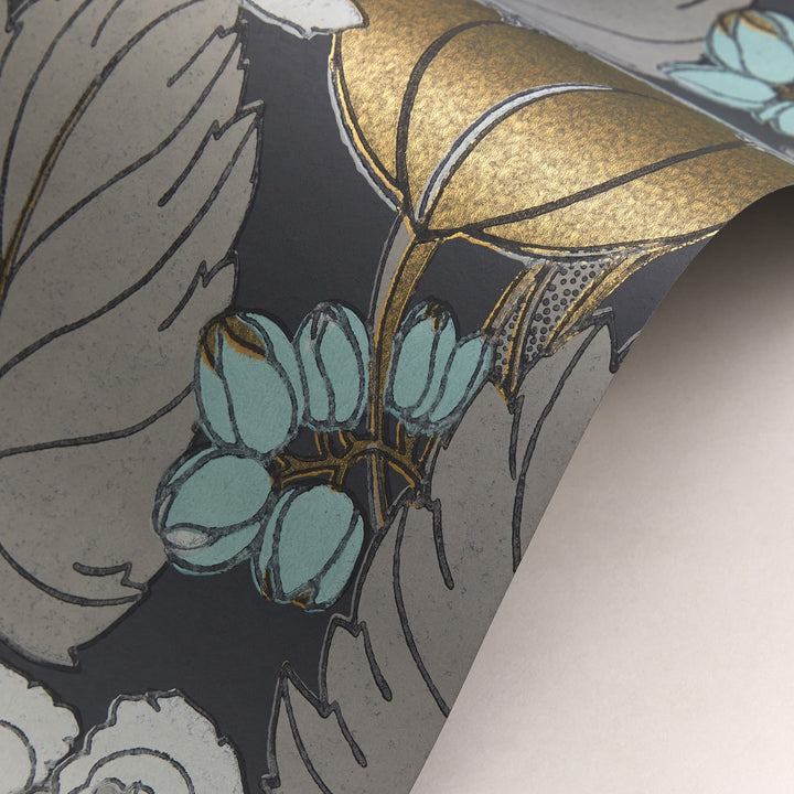 Liberty-fabrics-wallpaper-regency-tulip-in-pewter-07231002N-black-floral-gold-highlights-taupe-teal-floral-print-archive-collection-art-deco