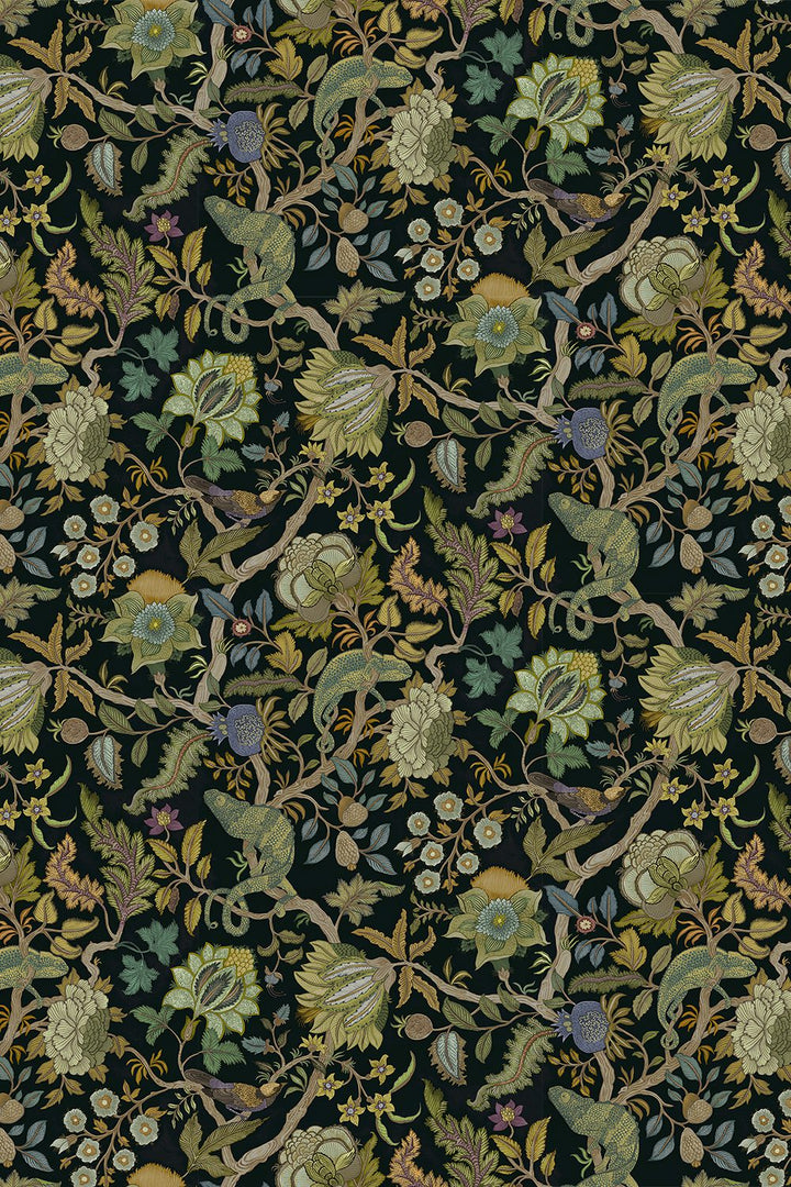 Josephine-munsey-wallpapers-interiors-chameleon-trail-floral-black-green-wallpaper