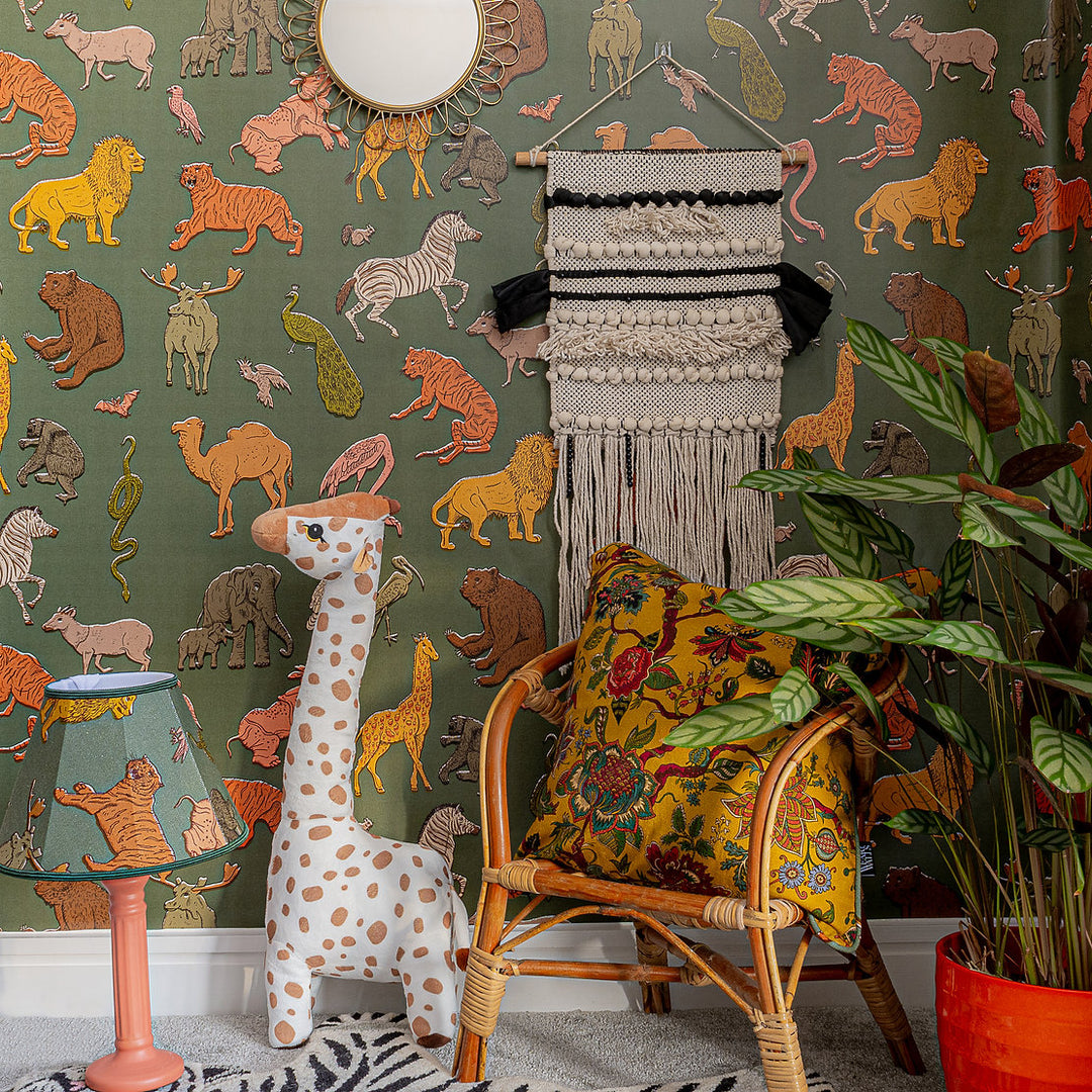 wear-the-walls-wallpaper-Assembly-animal-print-lions-zebras-tigers-snakes-birds-zoo-themed-childrens-illustrated-printed-luxury-wallpaper-khaki-green-forest-colour-way-children's-theme-room