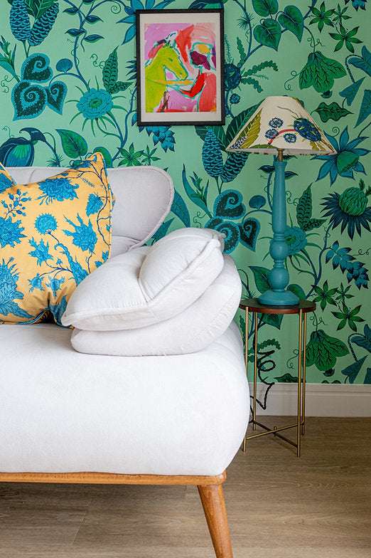 wear-the-walls-Vida-wallpaper-Amazonite-Turquoise-blues-greens-costa-rican-influenced-tropical-pattern-teals-blues-green