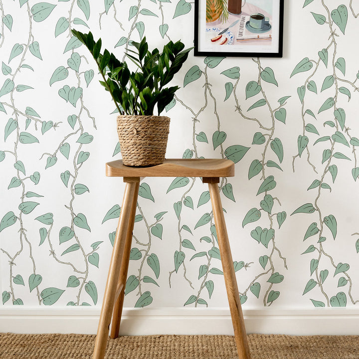 wear-the-walls-cascada-chalk-white-leaf-vine-trailing-print-wallpaper-leaf-pattern-Scandi-British-artisan-luxury-retro-70's-pattern