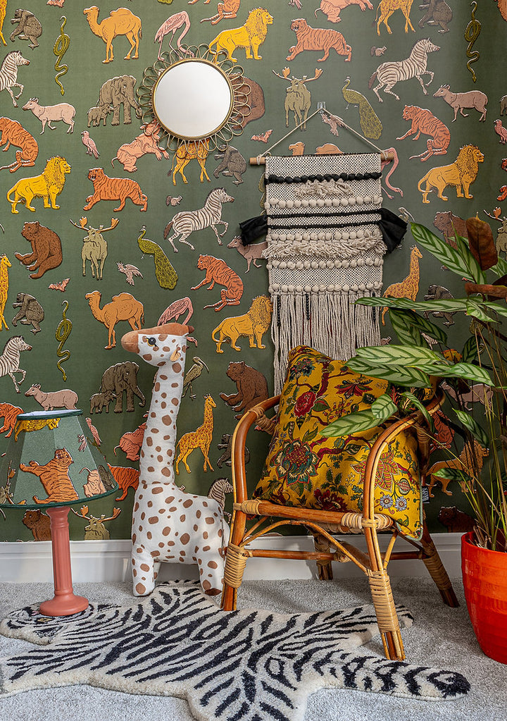 wear-the-walls-wallpaper-Assembly-animal-print-lions-zebras-tigers-snakes-birds-zoo-themed-childrens-illustrated-printed-luxury-wallpaper-khaki-green-forest-colour-way-children's-theme-room