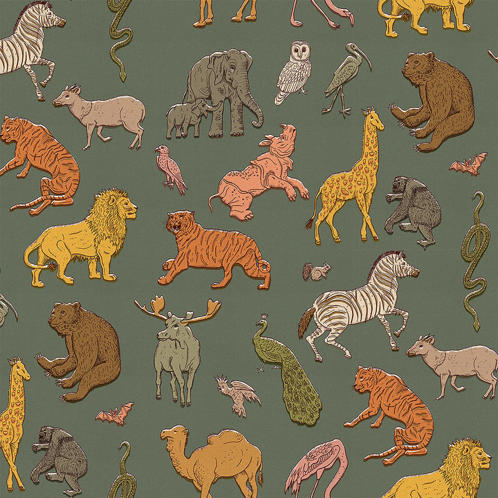 wear-the-walls-wallpaper-Assembly-animal-print-lions-zebras-tigers-snakes-birds-zoo-themed-childrens-illustrated-printed-luxury-wallpaper-khaki-green-forest-colour-way-children's-theme-room