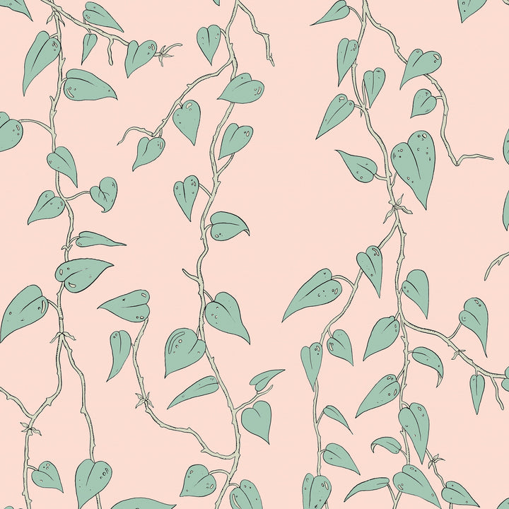 wear-the-walls-cascada-leaf-vine-trailing-print-wallpaper-leaf-pattern-Scandi-British-artisan-luxury-retro-70's-pattern-Sunstone-Pink