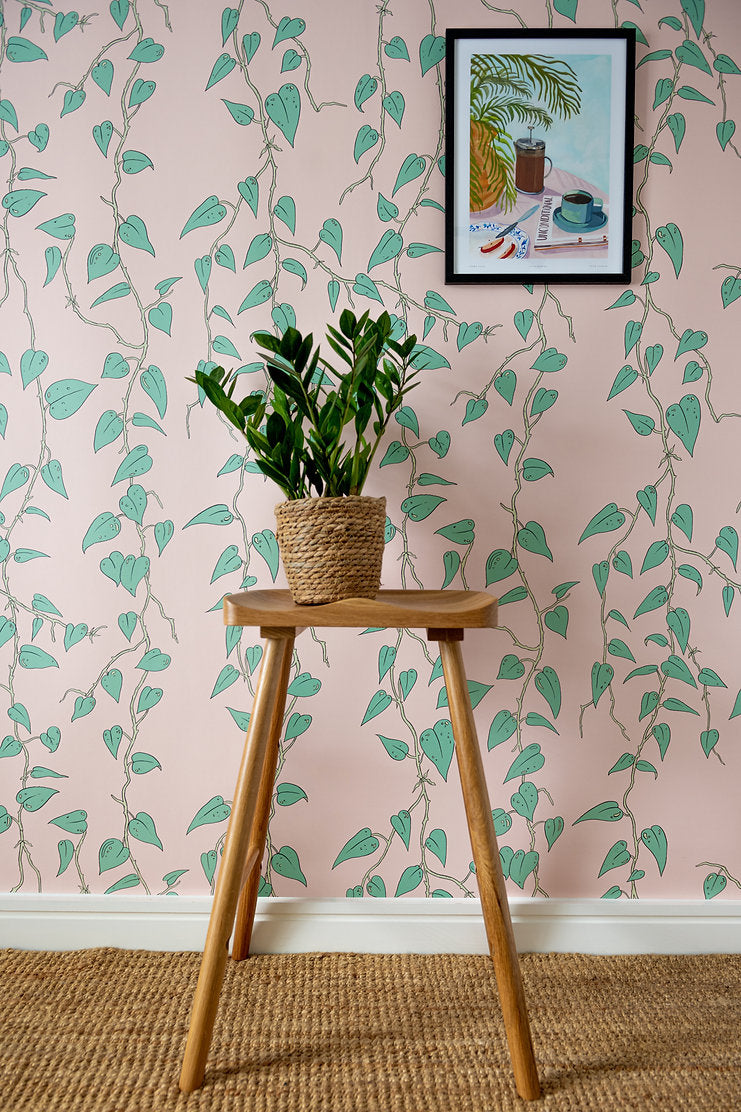 wear-the-walls-cascada-leaf-vine-trailing-print-wallpaper-leaf-pattern-Scandi-British-artisan-luxury-retro-70's-pattern-Sunstone-Pink