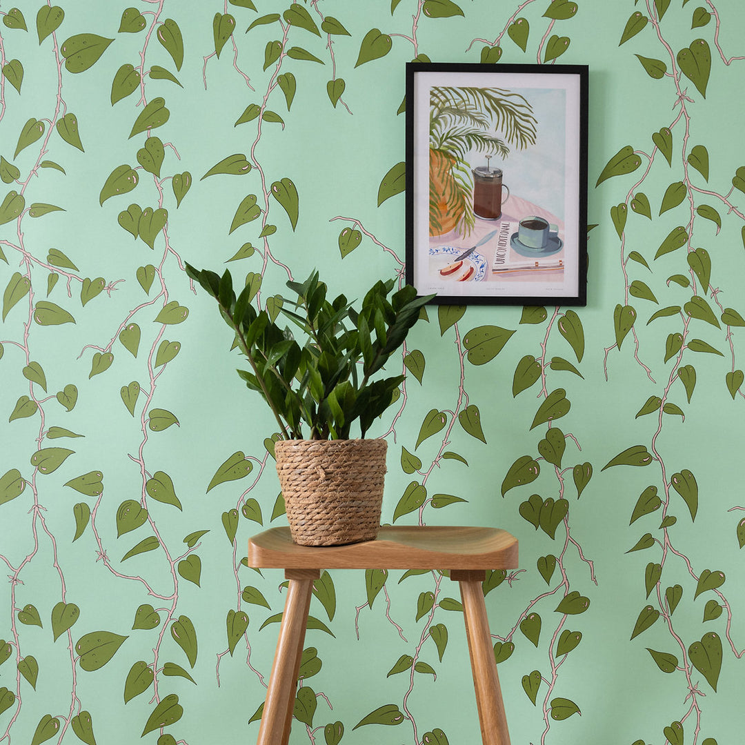 Wear-the-walls-Cascada-wallpaper-Amazonite-Turquoise-Philodendren-leaf-vine-plant-print-illustrated-artisitc-luxury-wallpaper-British