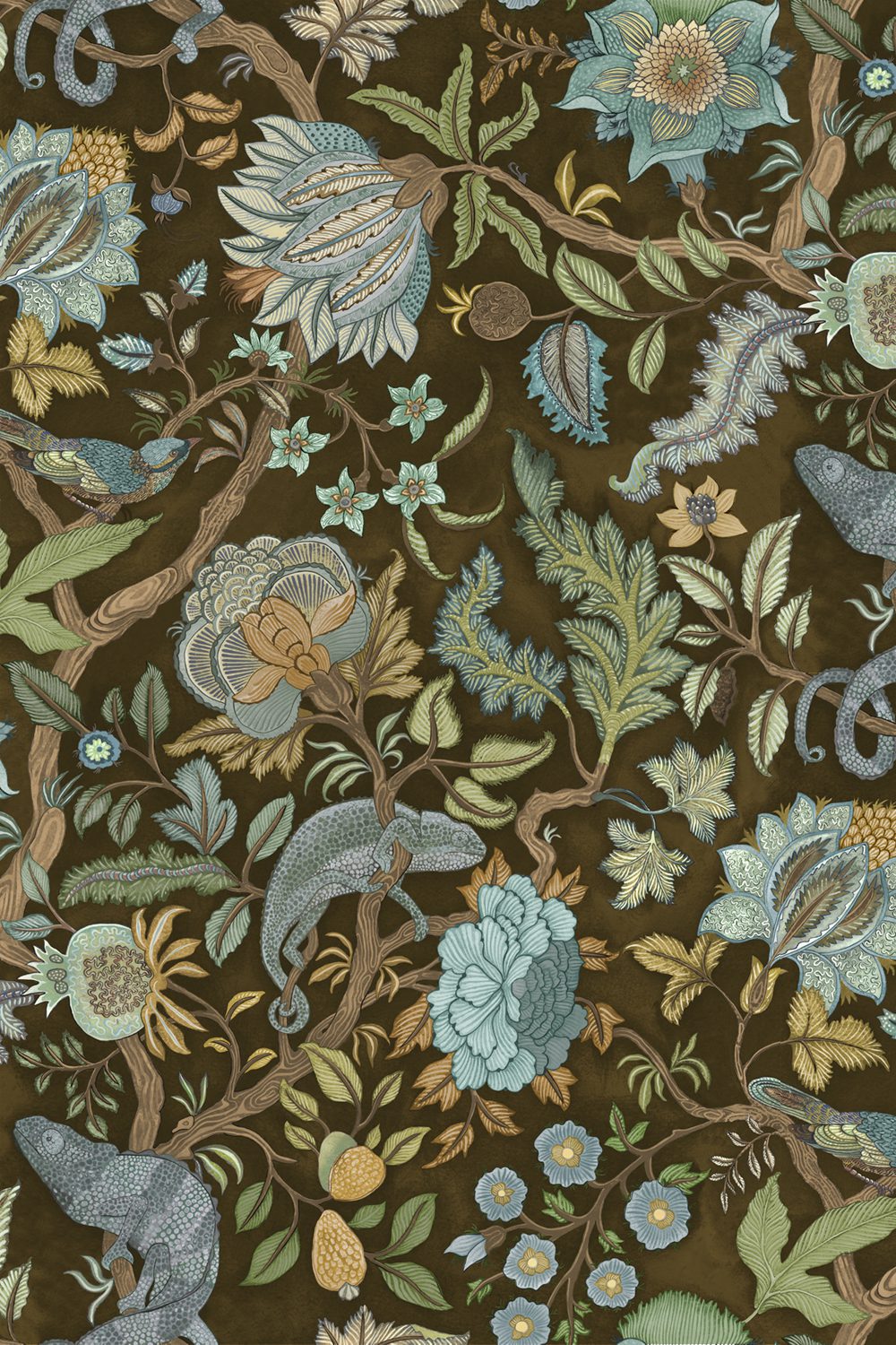 Josephine-munsey-wallpapers-interiors-chameleon-trail-floral-green-brown-light-blue-wallpaper