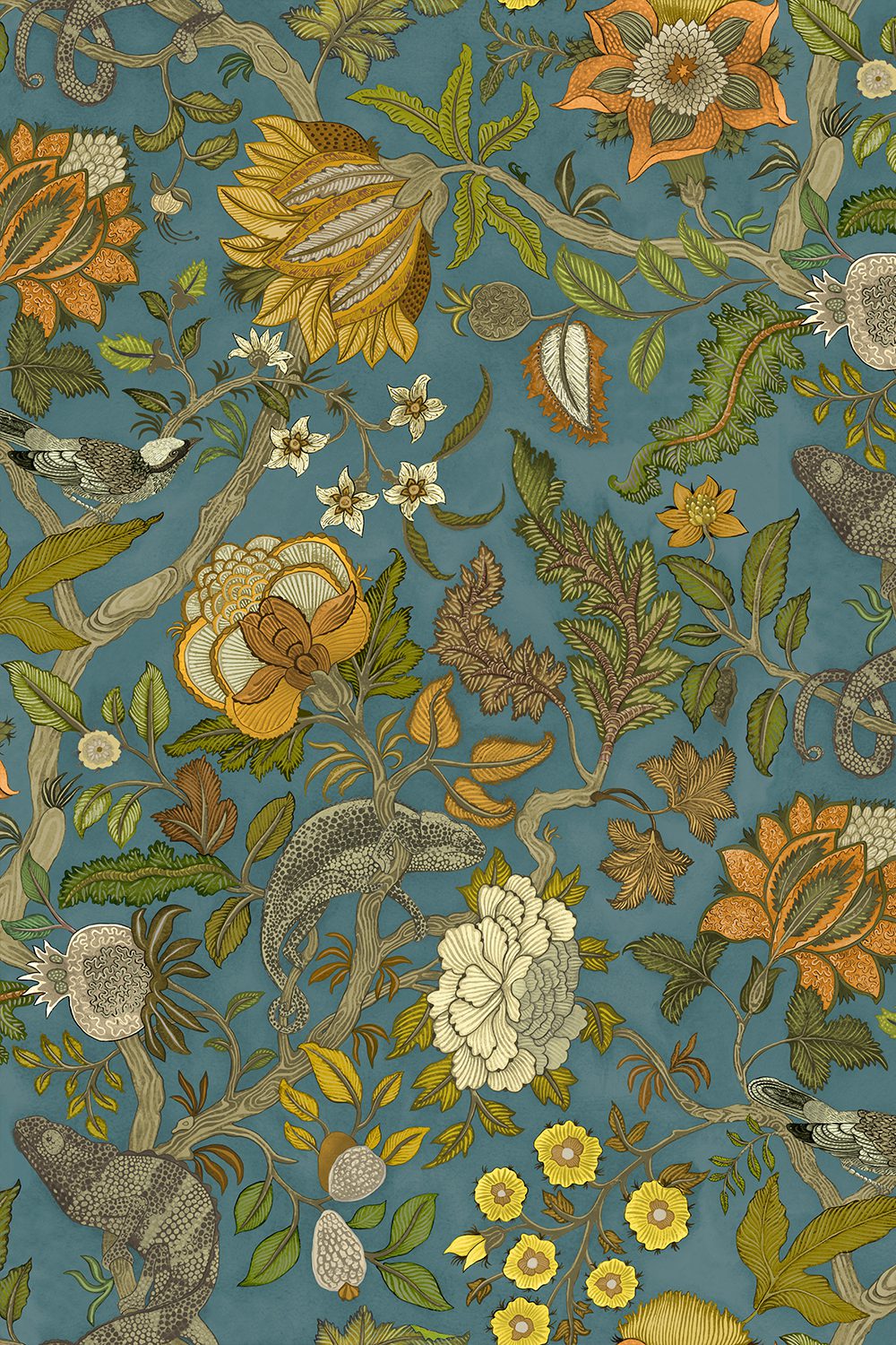 Josephine-munsey-wallpapers-interiors-chameleon-trail-floral-green-teal-orange-wallpaper