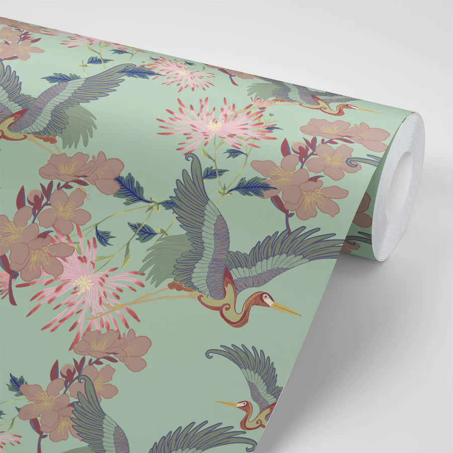 Tatie-Lou- blossom-wallpaper-floral-asian-hand-drawn-cranes-cherry-blossom-bold-feature-print-mint