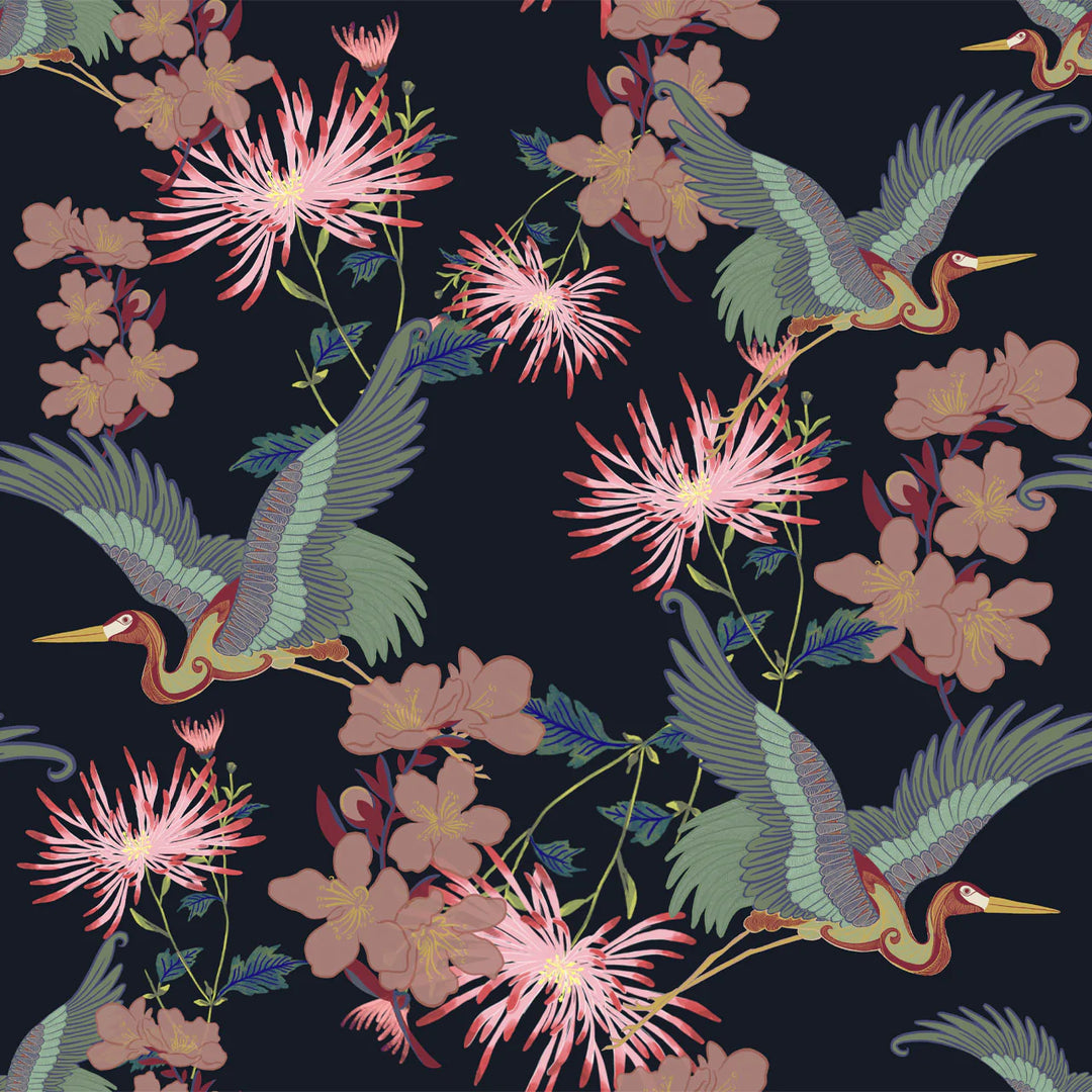 Tatie-Lou- blossom-wallpaper-floral-asian-hand-drawn-cranes-cherry-blossom-bold-feature-print-noir