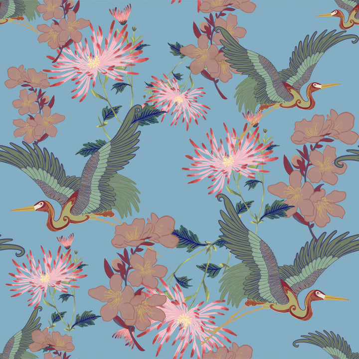 Tatie-Lou- blossom-wallpaper-floral-asian-hand-drawn-cranes-cherry-blossom-bold-feature-print-sky