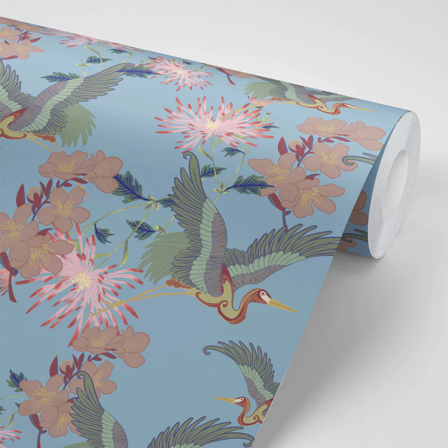 Tatie-Lou- blossom-wallpaper-floral-asian-hand-drawn-cranes-cherry-blossom-bold-feature-print-sky