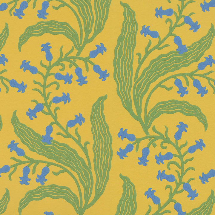 Ellen-merchant-bluebells-Butter-wallpaper-yellow-base-colour-paper-blue-green-flowers-block-printed-british-designer