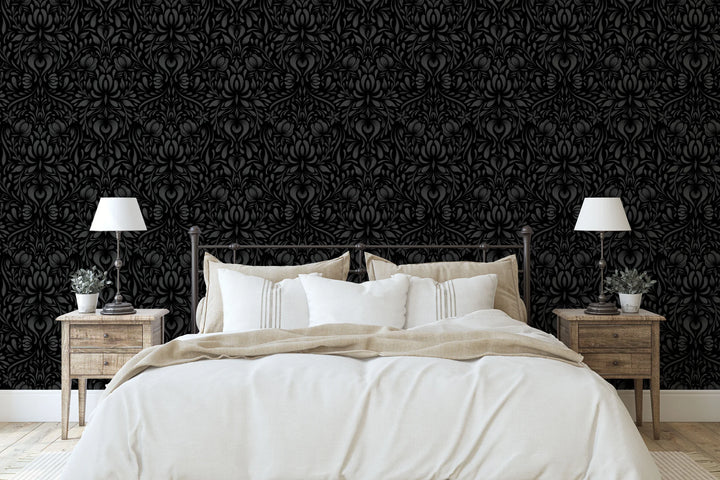 North-and-nether-folklore-collection-bud-wallpaper-black-on-black-floral-damask-bird-repeat-french-style-damatic-tonal-dark