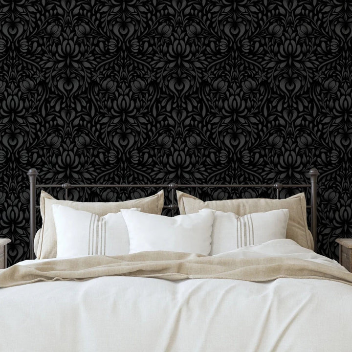 North-and-nether-folklore-collection-bud-wallpaper-black-on-black-floral-damask-bird-repeat-french-style-damatic-tonal-dark