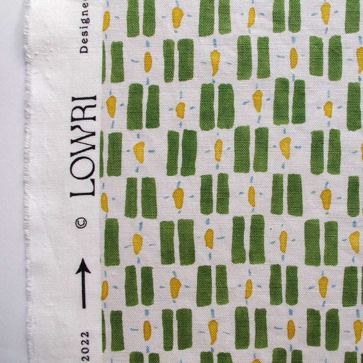 Lowri-textiles-little-check-box-print-check-moss-green-yellow-pops-white-background-linen-cotton-british-print-designer-uk-organic-cotton-welsh-blanket-inspo-Jo-Faulkner