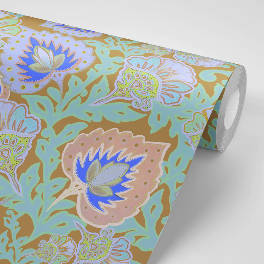 Tatie-lou-wallpaper-garden-of-india-peacock-coloured-repeat-bold-paisly-floral-repeat-pattern-wallpaper-mustard-blue-green-pink-brown-turquoise-