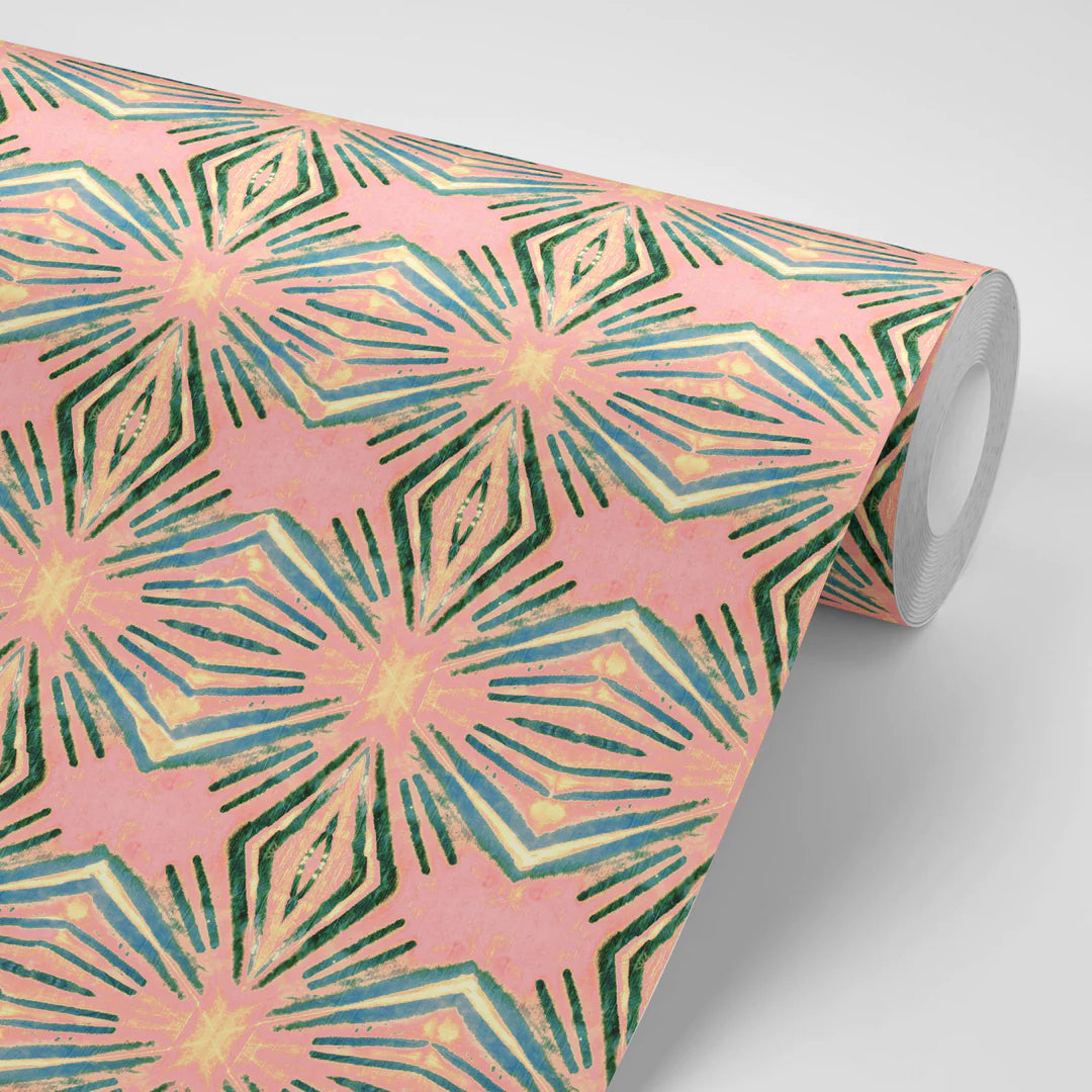 Tatie-Lou-Itajime-Diamond-ikat-pattern-tile-repeat-wallpaper-boho-style-bluah-pinks-yellow-green