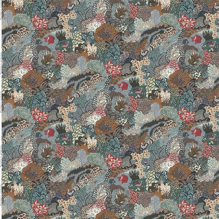 Josephine-Munsey-Whimsical-Clumps-201901-multi-Linen-union-woodland-print-forest-colours-animals-trees-birds-textiles-fabrics-upholstry-British-cotton-linen