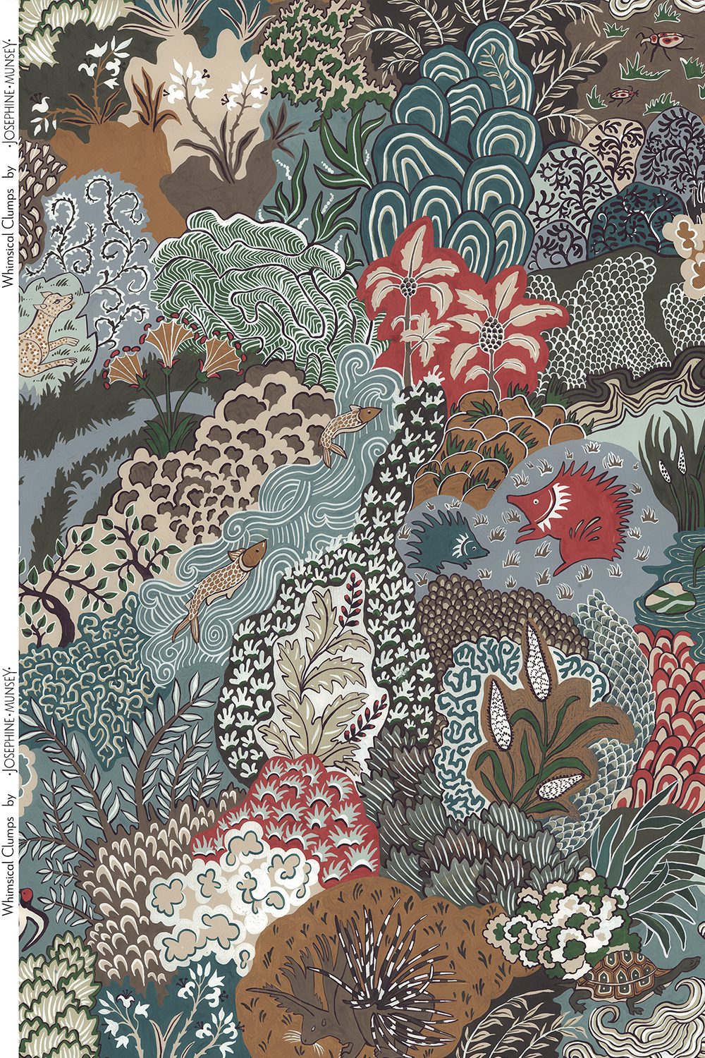 Josephine-Munsey-Whimsical-Clumps-201901-multi-Linen-union-woodland-print-forest-colours-animals-trees-birds-textiles-fabrics-upholstry-British-cotton-linen