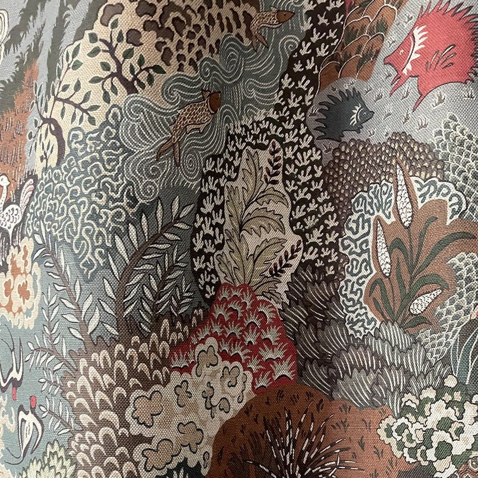 Josephine-Munsey-Whimsical-Clumps-201901-multi-Linen-union-woodland-print-forest-colours-animals-trees-birds-textiles-fabrics-upholstry-British-cotton-linen