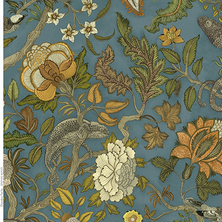 Josephine-Munsey-Chameleon-Trail-linen-fabric-textile-British-designer-floral-trail-botanical-print-chameleon-teal-orange-textile