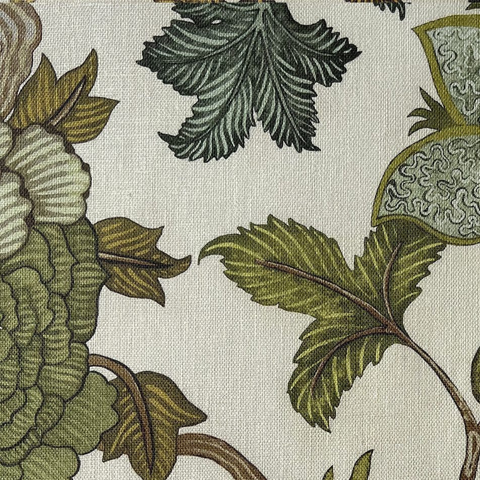 Josephine-Munsey-Chameleon-Trail-linen-fabric-textile-British-designer-floral-trail-botanical-print-chameleon-sage-and-green-blues-orange-cream-base -textile