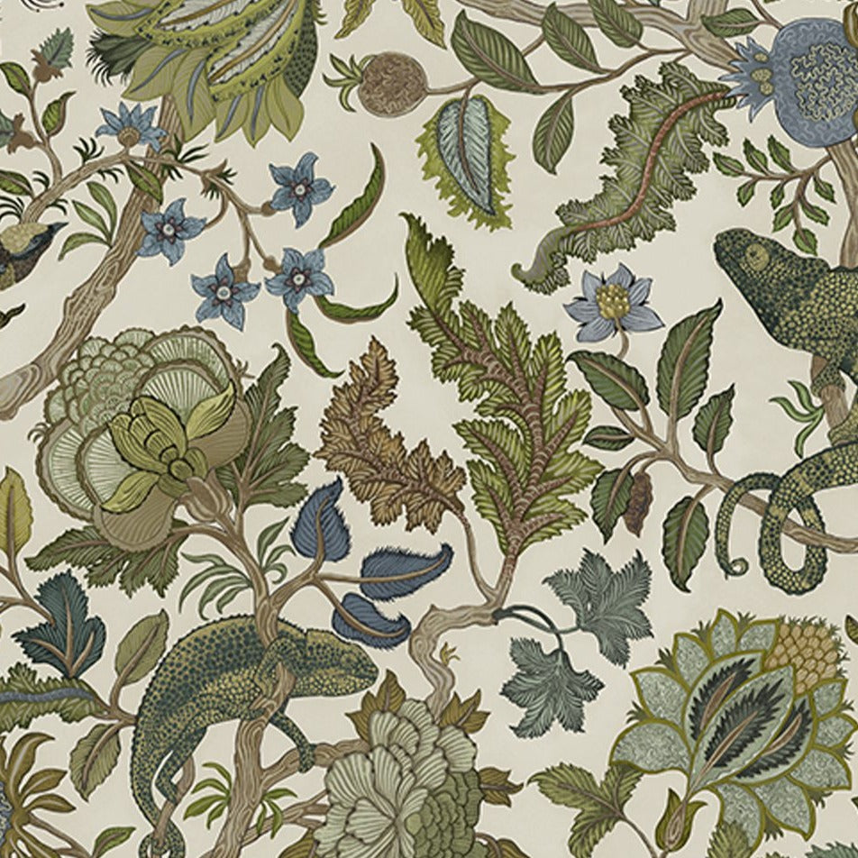 Josephine-Munsey-Chameleon-Trail-linen-fabric-textile-British-designer-floral-trail-botanical-print-chameleon-sage-and-green-blues-orange-cream-base -textile