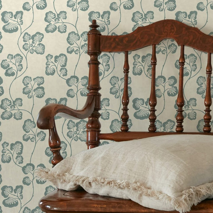 Josephine-Munsey-Cabbage-check-wallpeper-check-repeat-climbing-leaf-pattern-retro-cottage-pattern-Blue-and-clarke-white-