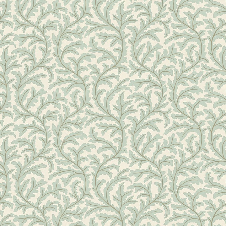 Josephine-munsey-wallpaper-Frond-ogee-oak-leaf-pattern-trailing-repeat-wallpaper-natural-print-hand-painted-cottage-country-pattern-Radmoore-Blue-Clarke-White