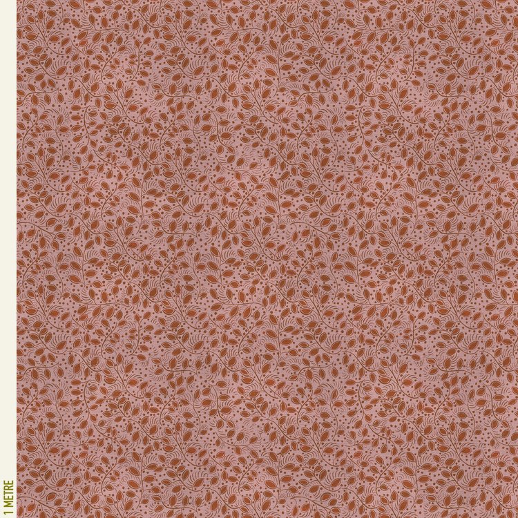 Lowri-textiles-little-leaves-rust-linen-trailing-leaves-leaf-floral-ditsy-print-pink-terracotta-vine-british-textile-upholstry-pattern