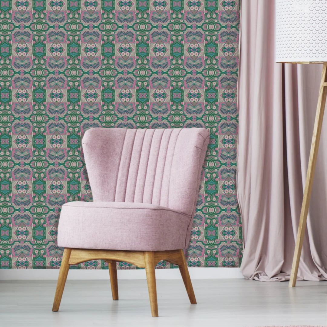 Tatie-Lou-wallpaper- Esprit-Boho-Art-Deco-pattern-repeat-kaleidoscopic-jewel-tones-origami-magenta