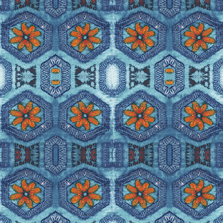 Tatie-Lou-wallpaper-Nui-Burst0repeat-boho-style-blue and tangerine-tile-repeat-pattern-embroidery-look-indigo-orange-pattern