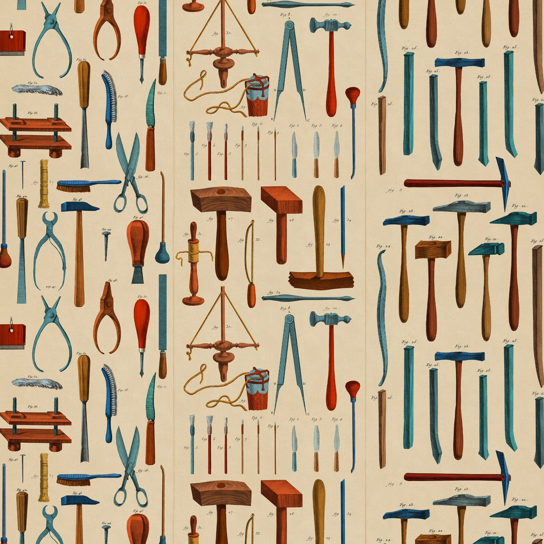 mind-the-gap-wallpaper-old-tools-wallpaper-artist's-collection-anthracite-red-yellow-blue-workshop-paper-drawn-illustrations-workshop-study-maximalist-statement-interior