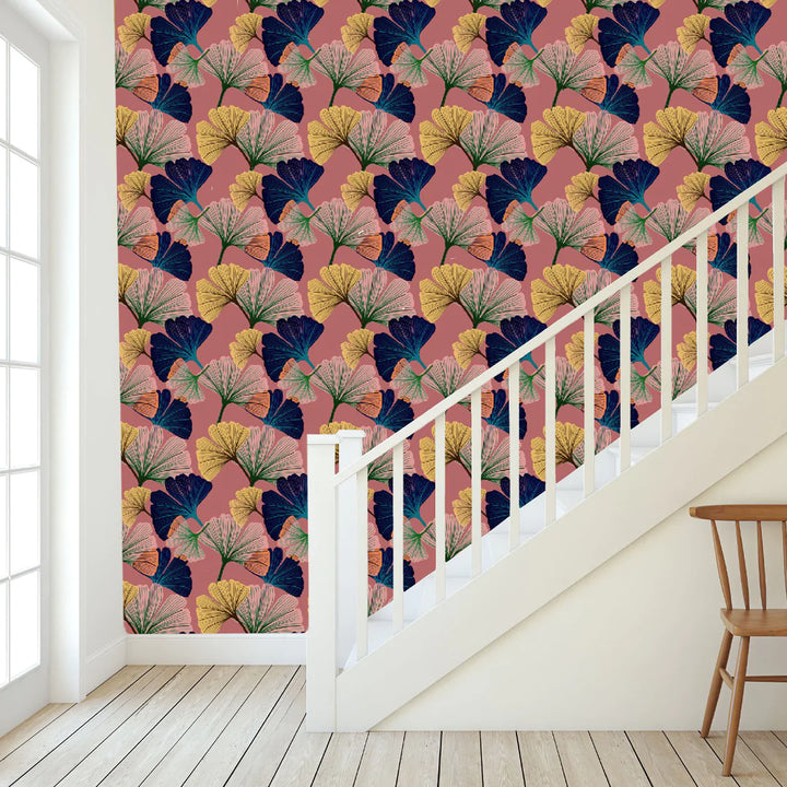 Tatie-lou-ginko wallpaper-hand-drawn-leaf-digital-colourful-printed-repeat-UK-british-designer-wallpaper-Rosy-soft-pink