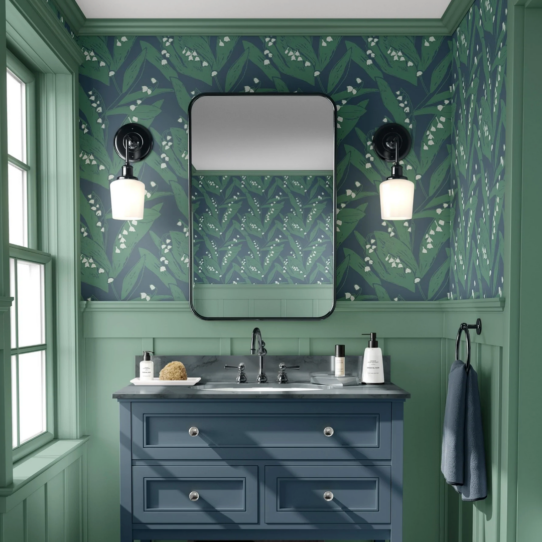 Annika-Reed-Studio-Lily-of-the-valley-floral-wallpaper-green-cream-block-printed-design