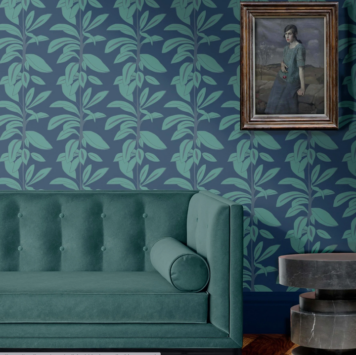 Annika-reed-studio-rubber-plant-wallpaper-block-printed-green-blue-wallcovering-print-design-the-design-yard