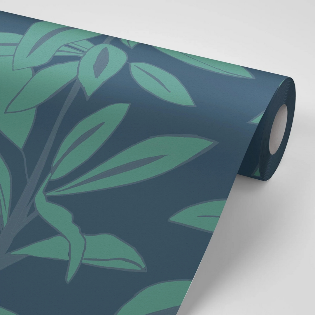 Annika-reed-studio-rubber-plant-wallpaper-block-printed-green-blue-wallcovering-print-design-the-design-yard