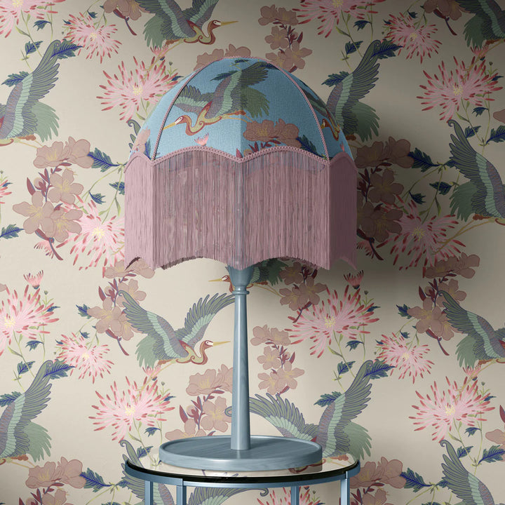 Tatie-Lou-paracute-shaped-fringed-lampshade-five-sizes-Blossom-pattern-floral-print-flwers-herons-velvet-fabric-Sky -blue-birds-fringe-tassel