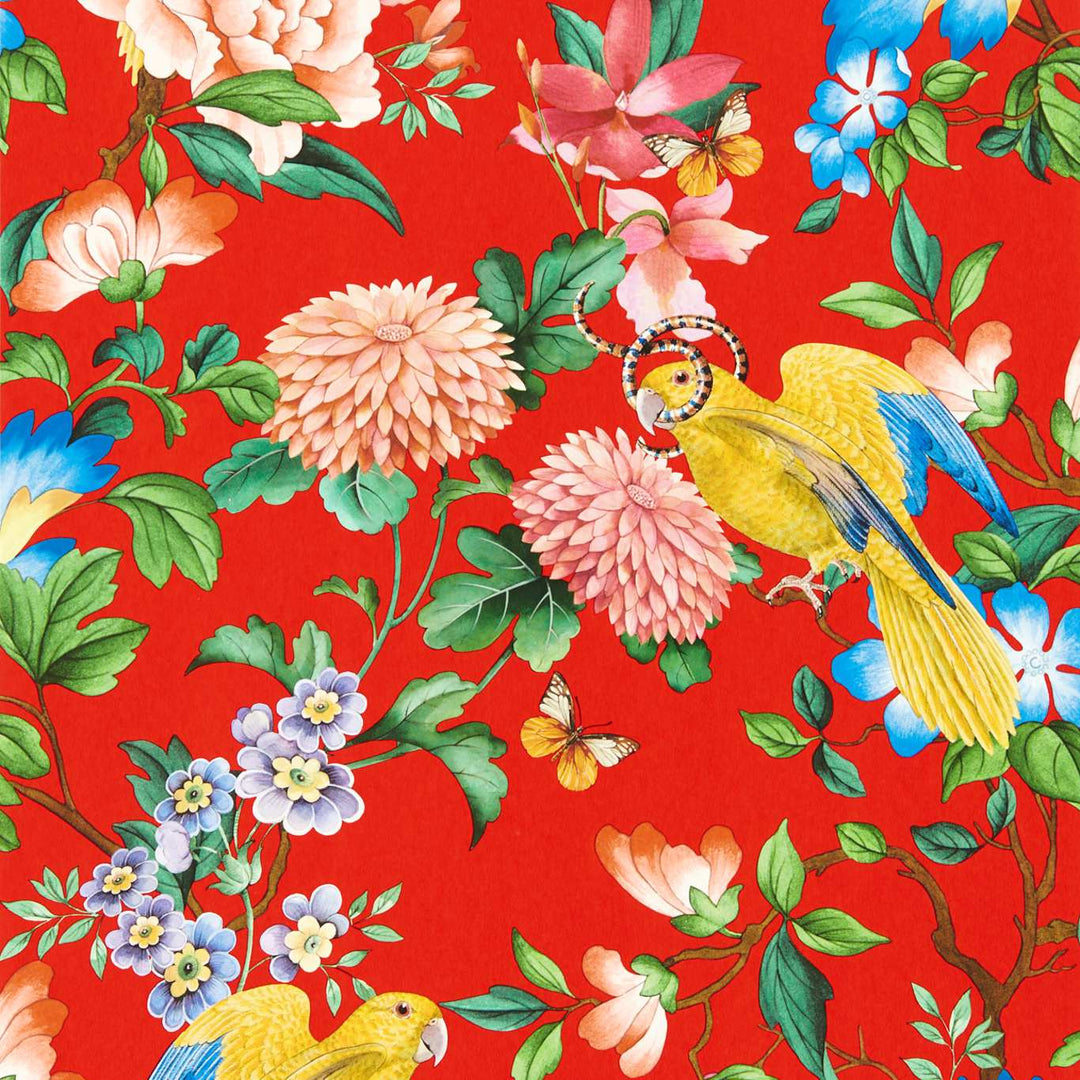 clarke-clarke-wedgwood-golden-parrot-wallpaper-coral-red-botanical-floral-bird-wallpapermaximalist-elegant-ornate-design-british-made