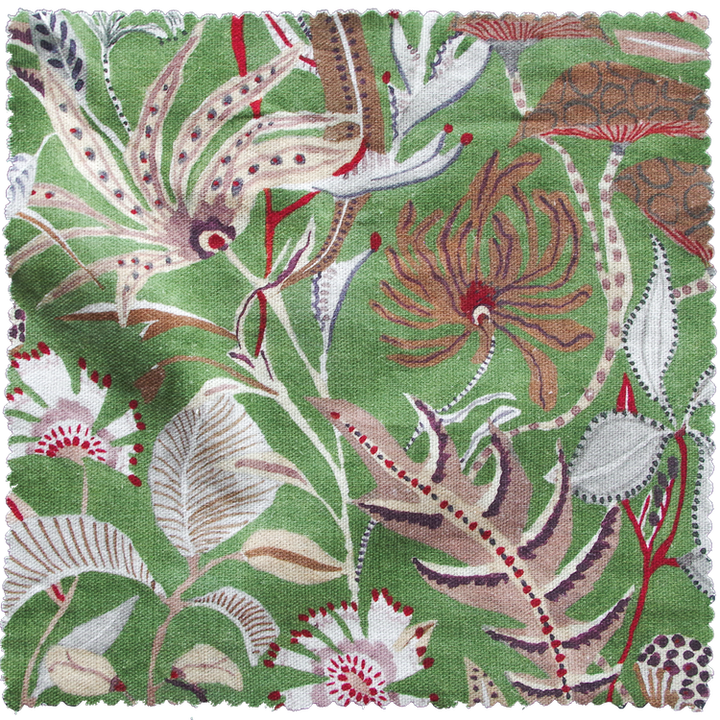 Lowri-textiles-woodland-forest-heritage-green-shade-toadstools-leaves-flowers-dahlias-thistles-red-brown-chestnut-colours-fabric-printed-linen-cotton-Jo-Faulkner-fabrics-british-designer