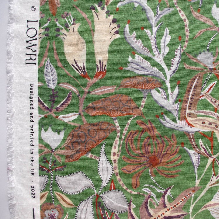 Lowri-textiles-woodland-forest-heritage-green-shade-toadstools-leaves-flowers-dahlias-thistles-red-brown-chestnut-colours-fabric-printed-linen-cotton-Jo-Faulkner-fabrics-british-designer