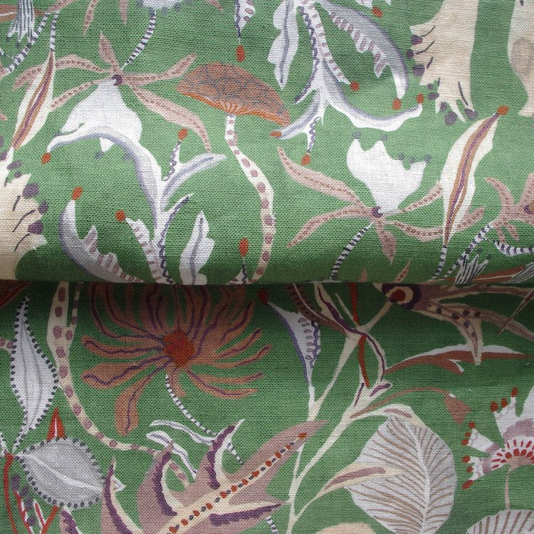 Lowri-textiles-woodland-forest-heritage-green-shade-toadstools-leaves-flowers-dahlias-thistles-red-brown-chestnut-colours-fabric-printed-linen-cotton-Jo-Faulkner-fabrics-british-designer