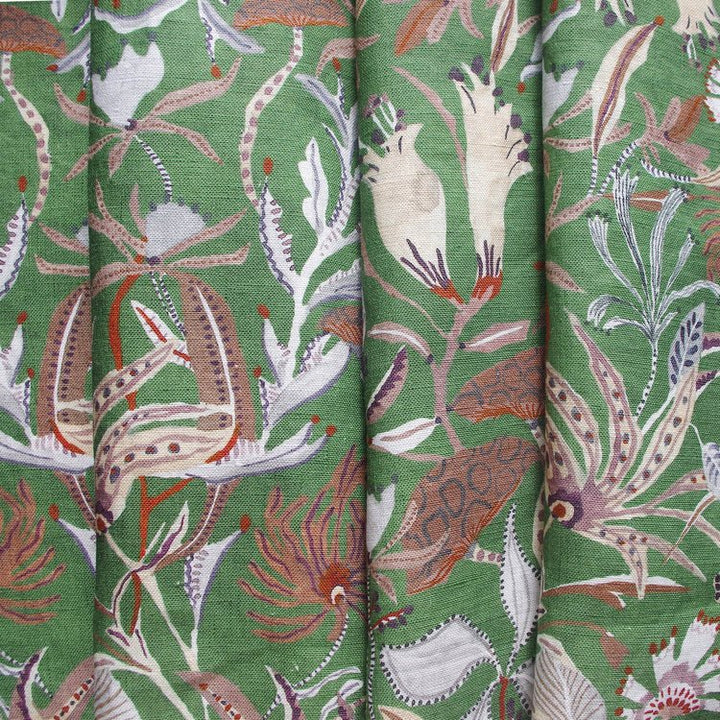 Lowri-textiles-woodland-forest-heritage-green-shade-toadstools-leaves-flowers-dahlias-thistles-red-brown-chestnut-colours-fabric-printed-linen-cotton-Jo-Faulkner-fabrics-british-designer