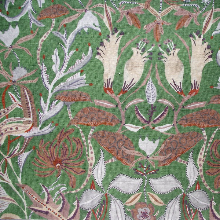 Lowri-textiles-woodland-forest-heritage-green-shade-toadstools-leaves-flowers-dahlias-thistles-red-brown-chestnut-colours-fabric-printed-linen-cotton-Jo-Faulkner-fabrics-british-designer