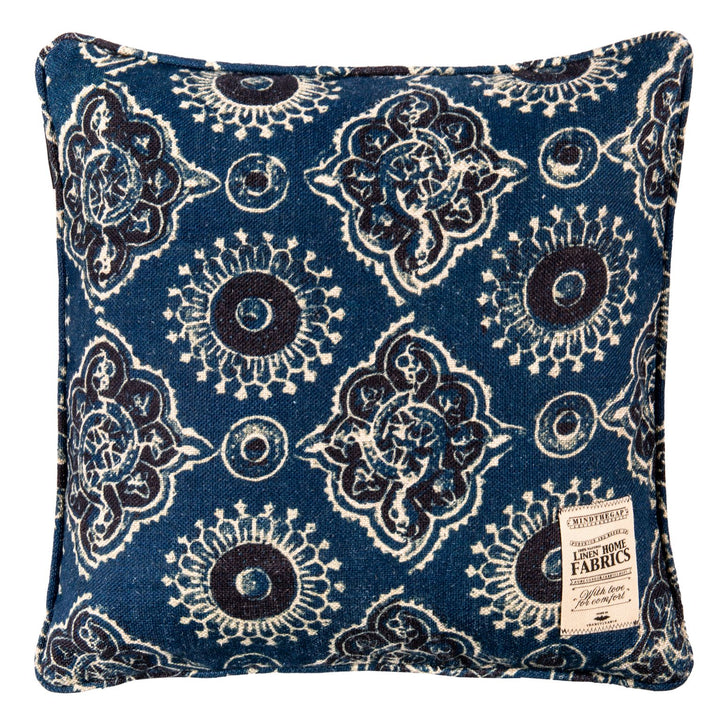 mind the gap embroidered cushion tiberius arjak reverse side blue and black cushion