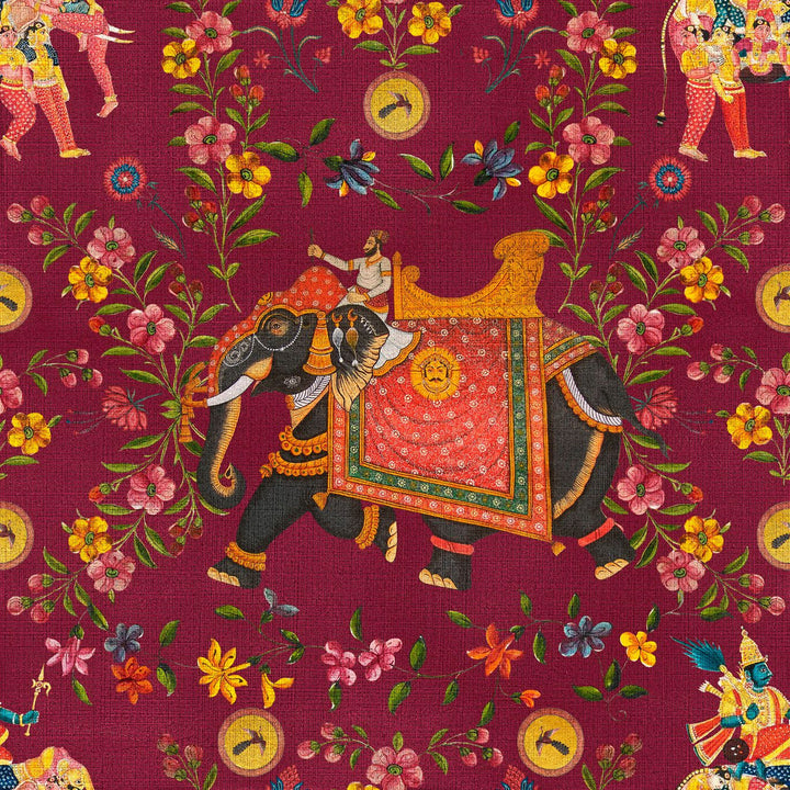 mind-the-gap-aristocracy-red-wallpaper-world-of-fabrics-collection-inspired-by-indian-fabrics-textiles-elephants-floral-textured-maximalist-statement-interior