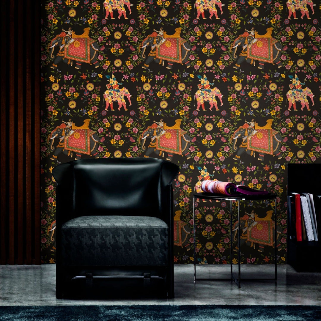 mind-the-gap-aristocracy-black-wallpaper-world-of-fabrics-collection-inspired-by-indian-fabrics-textiles-elephants-floral-textured-maximalist-statement-interior